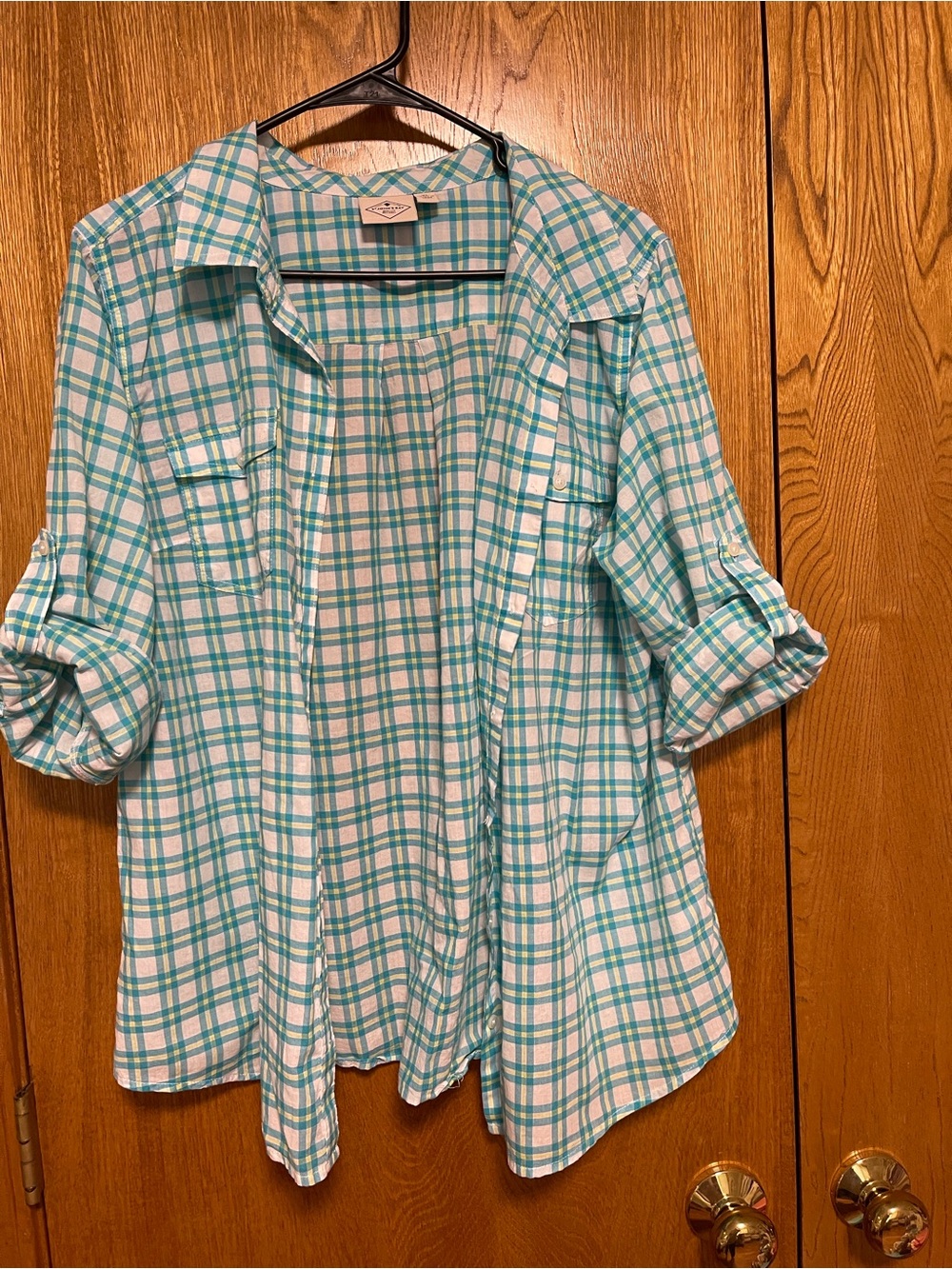 St. John's Bay Teal and White Plaid Button-Down Shirt